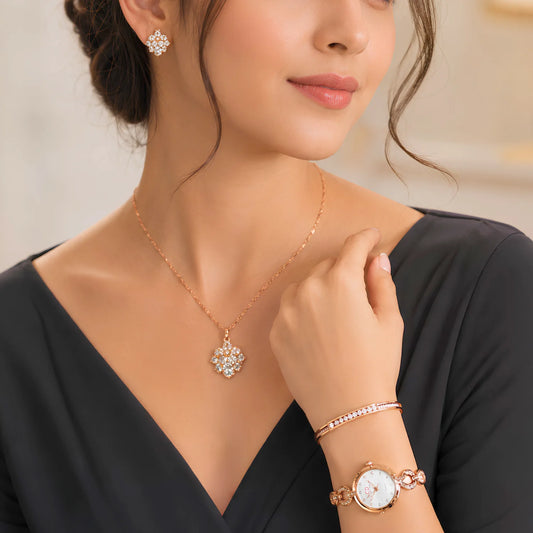 Premium Ladies Watch & Jewelry Gift Box Set – Rose Gold Edition