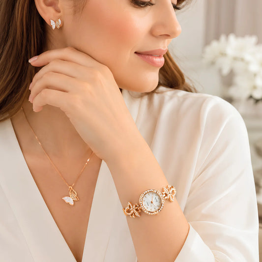 Premium Ladies Watch & Jewelry Gift Box Set – Rose Gold Edition