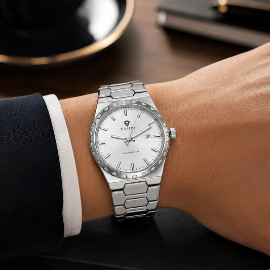 TICARTO Silver Stainless Steel Watch with White Dial