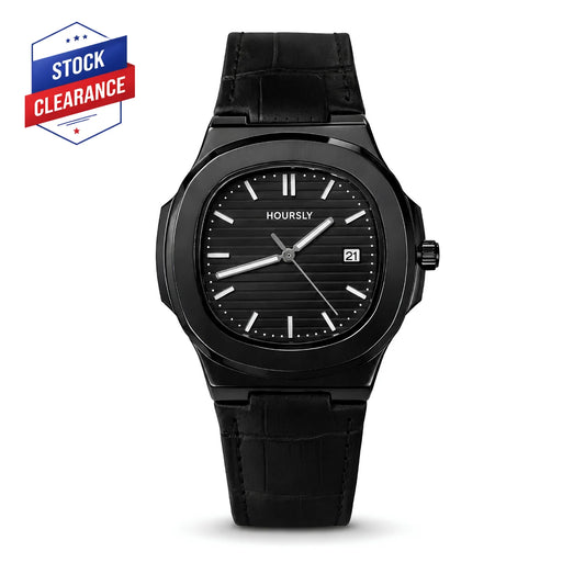 HOURSLY Black Dial Stainless Steel Leather Strap Watch