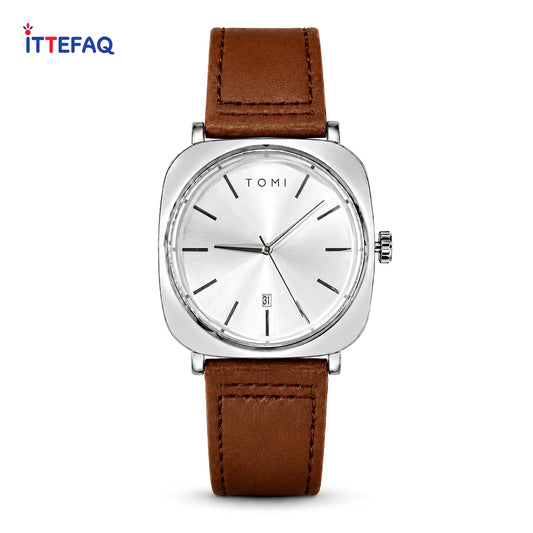 TOMI Square Bezel Circle Dial Leather Strap Watch