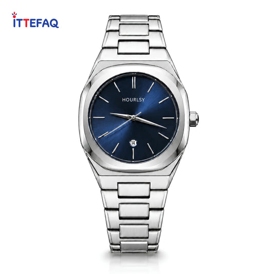 HOURSLY Sunburst Silver Stainless Steel Watch with Date Display
