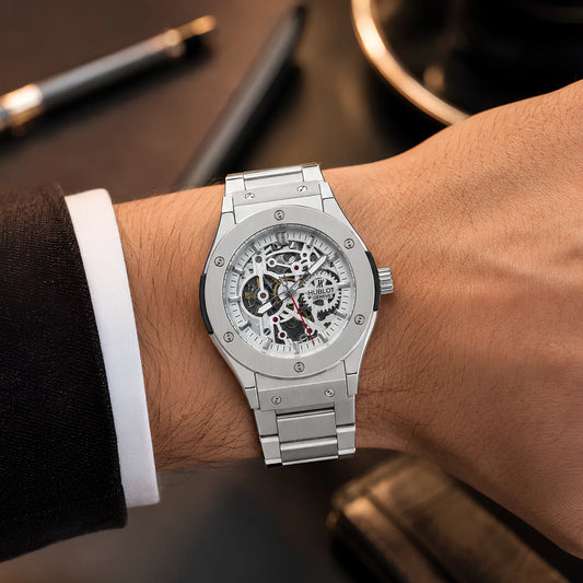 HUBLOT Genève Fully Automatic Silver Skeleton Dial Stainless Steel Watch