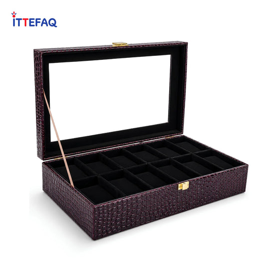 Luxury 12-Slot Crocodile Texture Watch Storage Box with Glass Display Lid