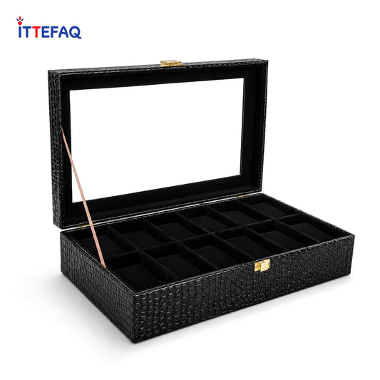 Luxury 12-Slot Crocodile Texture Watch Storage Box with Glass Display Lid