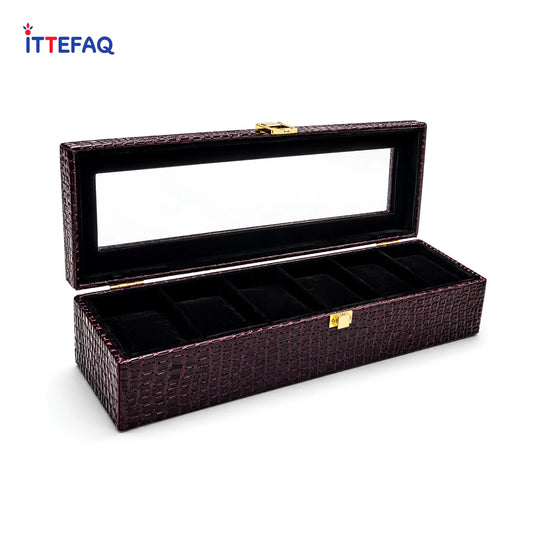 Luxury 6-Slot Crocodile Texture Watch Storage Box with Glass Display Lid