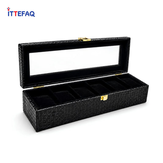 Luxury 6-Slot Crocodile Texture Watch Storage Box with Glass Display Lid