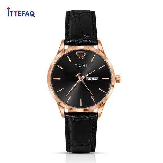 TOMI Circle Dial Day-Date Leather Strap Watch
