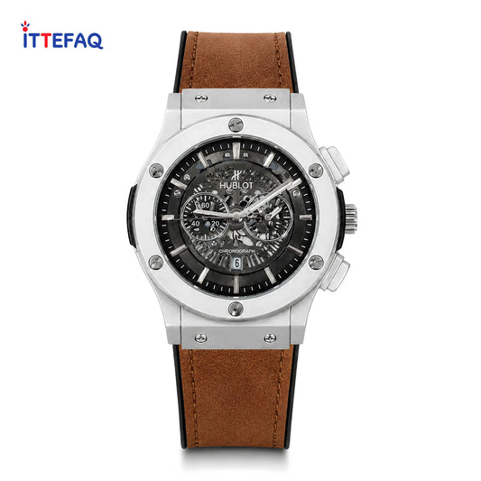 HUBLOT Skeleton Dial Silver Case Chronograph Leather Strap Watch