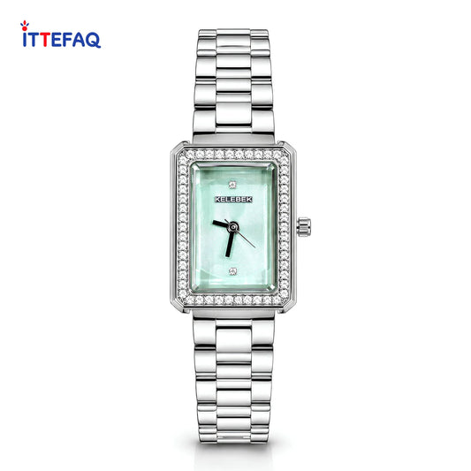 KELEBEK Rectangular Mint Green Dial Crystal Bezel Silver Stainless Steel Watch
