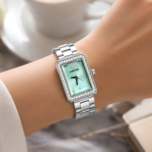 KELEBEK Rectangular Mint Green Dial Crystal Bezel Silver Stainless Steel Watch