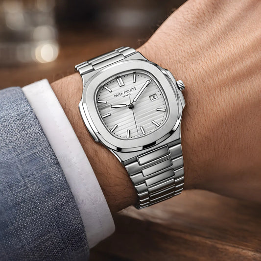 PATEK PHILIPPE Nautilus Stainless Steel Watch with White Dial